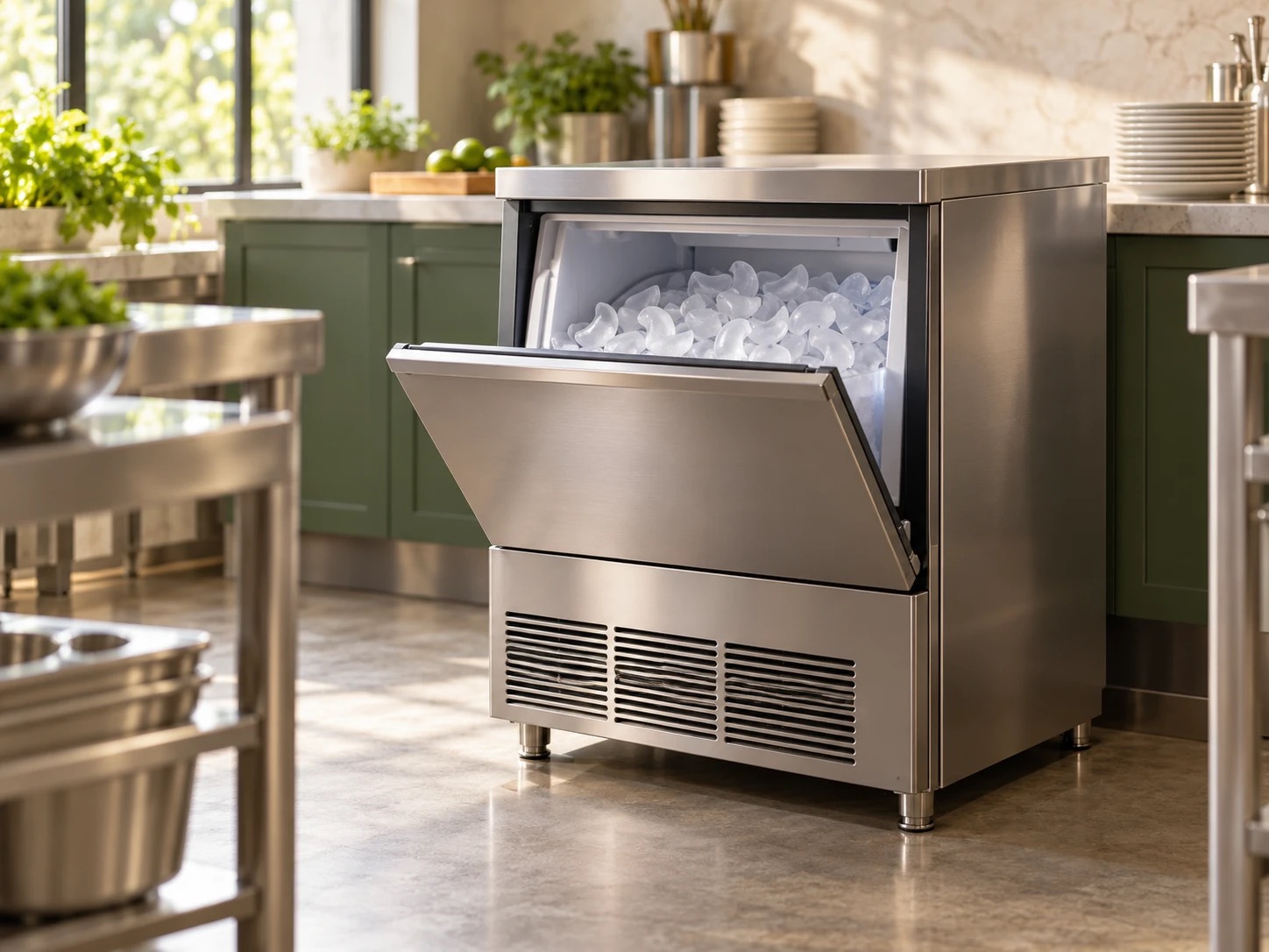 Commercial stainless steel ice machine with open bin in a restaurant kitchen