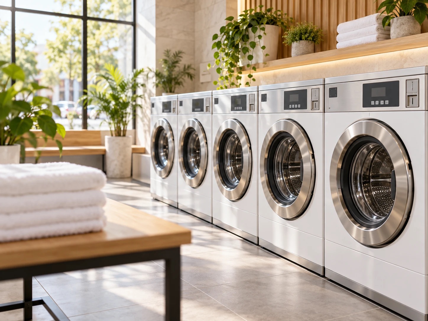 Row of commercial front-load washing machines in a bright laundromat