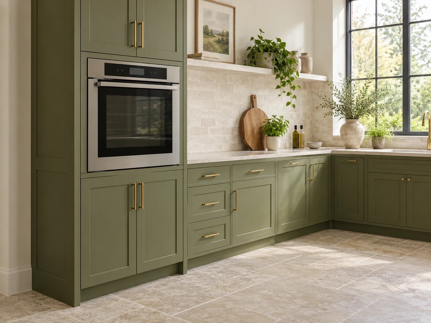 Built-in stainless steel wall oven in olive-green kitchen cabinets